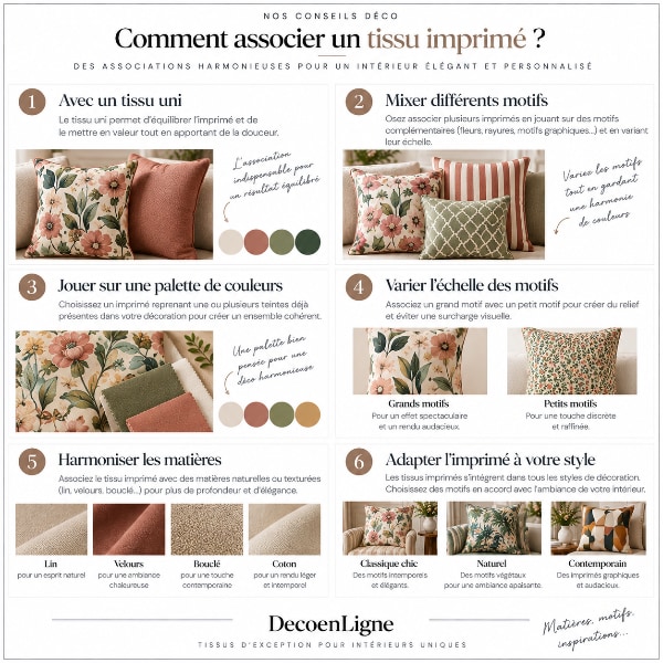 Infographie expliquant comment associer un tissu imprimé avec un tissu uni, différents motifs, des palettes de couleurs harmonieuses, des matières variées et des styles de décoration pour créer un intérieur élégant.